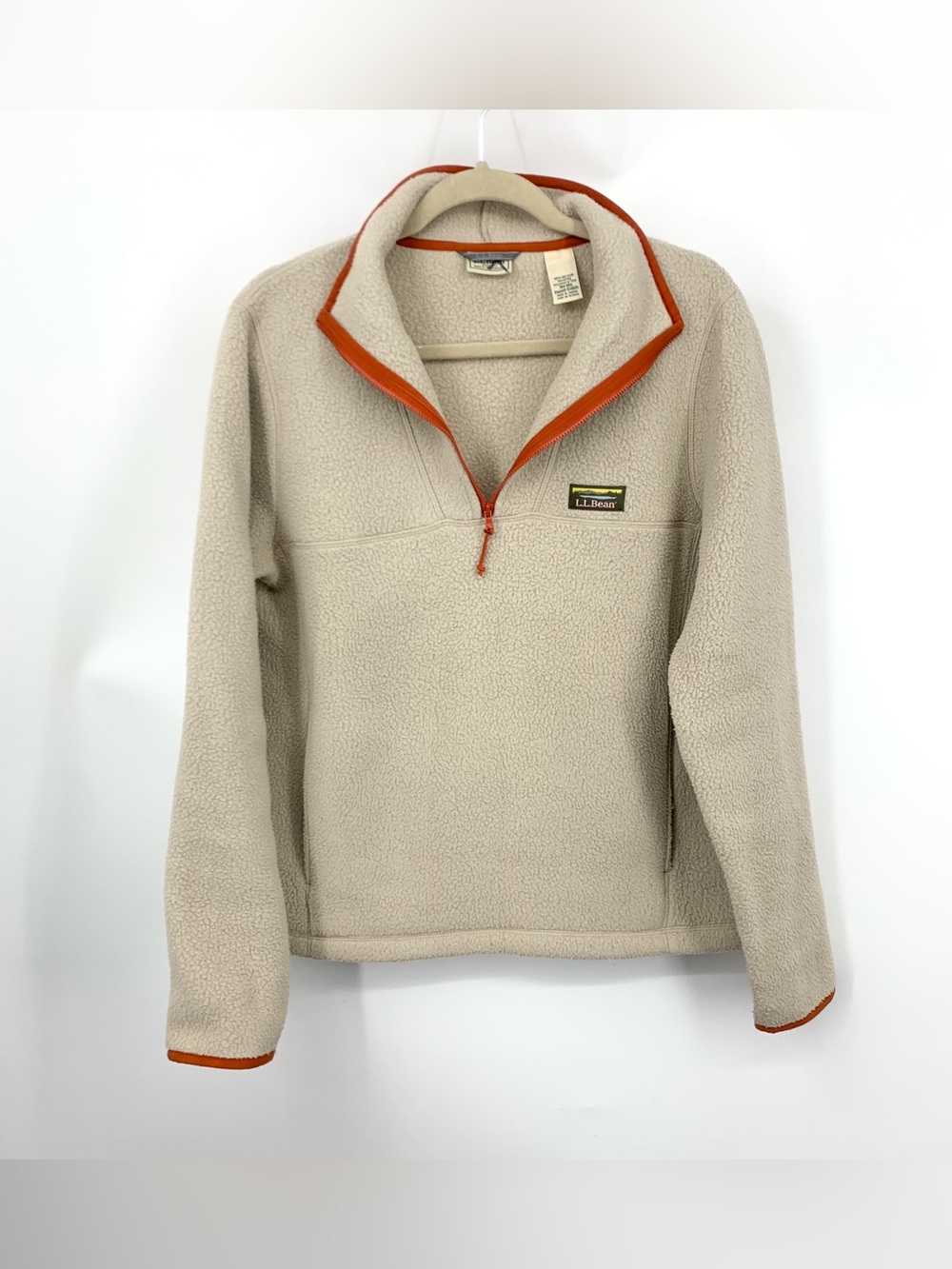 LL Bean Women Size Small Fleece Beige Brown 1/2 Zip Pullover Top Sweatshirt